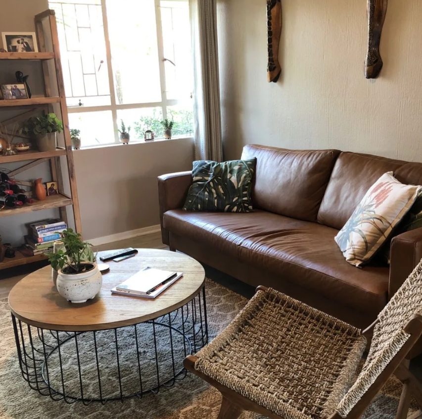Leather couch in a styled living room